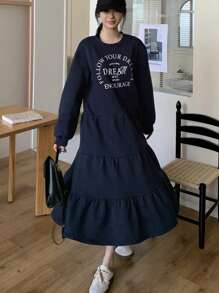 DAZY Women Casual Letter Print Ruffle Hem Mini Dress, Suitable For Autumn,Back To School Clothes,Fall Women Clothes Long Sleeve Dress