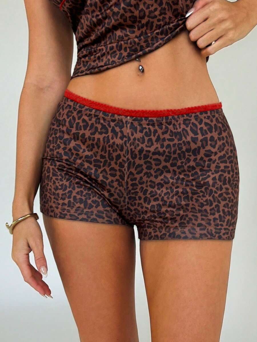 Aloruh 女式超低腰豹纹蕾丝边修身短裤 - 彩色 - 查看 1