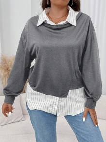 SHEIN Essnce 大码女式休闲宽松二合一黑色连帽运动衫 - 灰色 - 查看 5