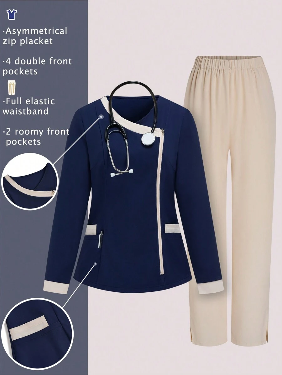 TaskEZ Women's Minimalist Contrast Trim Double Pocket Long Sleeve Blouse And Pants Career Scrub Uniform Suit