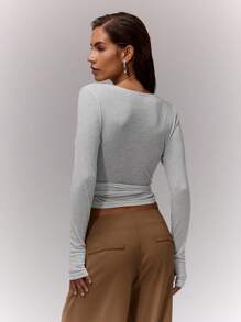 MUSERA V领裹身系带上衣 休闲基础款 夏季 春季 度假 波西米亚风 节日 可爱 夏季上衣 牛仔风 场合 优雅 机场 假日 可爱 复活节 - 灰色 - 查看 2