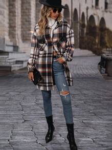SHEIN LUNE Women's Front Button Long Sleeve Pocket Plaid Casual Jacket, Simple Design