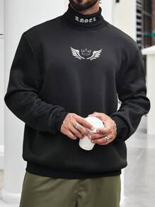 Manfinity Homme 大码男式皇冠图案高领长袖休闲套头连帽衫，秋季 - 黑色 - 查看 3