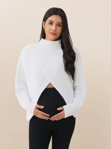 SHEIN Women Turtleneck Long Sleeve Crossed Hem Pullover Sweater Dress, Solid Color, Suitable For Pregnancy, Autumn/Winter, For Maternity - White - View 7