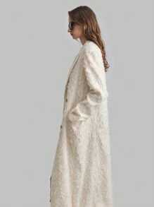 Ontre 白杏色特殊面料提花镂空宽肩带宽松简约长款开衫，秋冬 - 杏色 - 查看 4