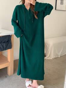 DAZY Minimalist Fuzzy Ribbed Knit Zip-Up Hooded Loose Fit Casual Dress Fall,Winter, Cozy Outfit - Green - View 1