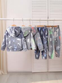 SHEIN 6 件/套儿童男孩休闲图案印花羊毛连帽衫和抽绳裤，3 种设计 X 1，适合学校、花园、海滩、生日、春季、夏季、秋季、冬季 - 彩色 - 查看 2