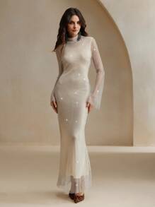 Anewsta Cream Square Rhinestone Fishnet Dress - Apricot - View 5