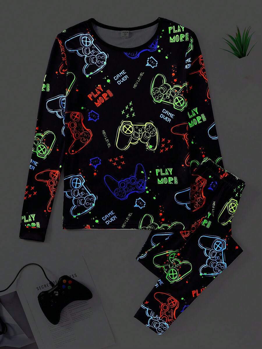 2pcs Snug Fit Teen Boys Casual Game Controller Glow In The Dark Print Long Sleeve Top And Pants Loungewear Set