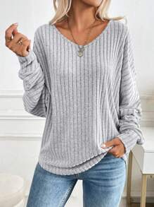 SHEIN PETITE 1pc Women Casual Loose Long Sleeve T-Shirt, Autumn/Winter - Grey - View 2