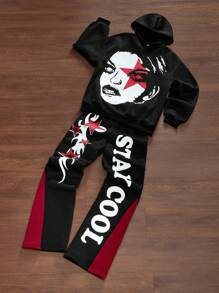 SHEIN Leap Crew 2 件青少年男孩宽松休闲图案连帽衫和运动裤套装 - 黑色 - 查看 1