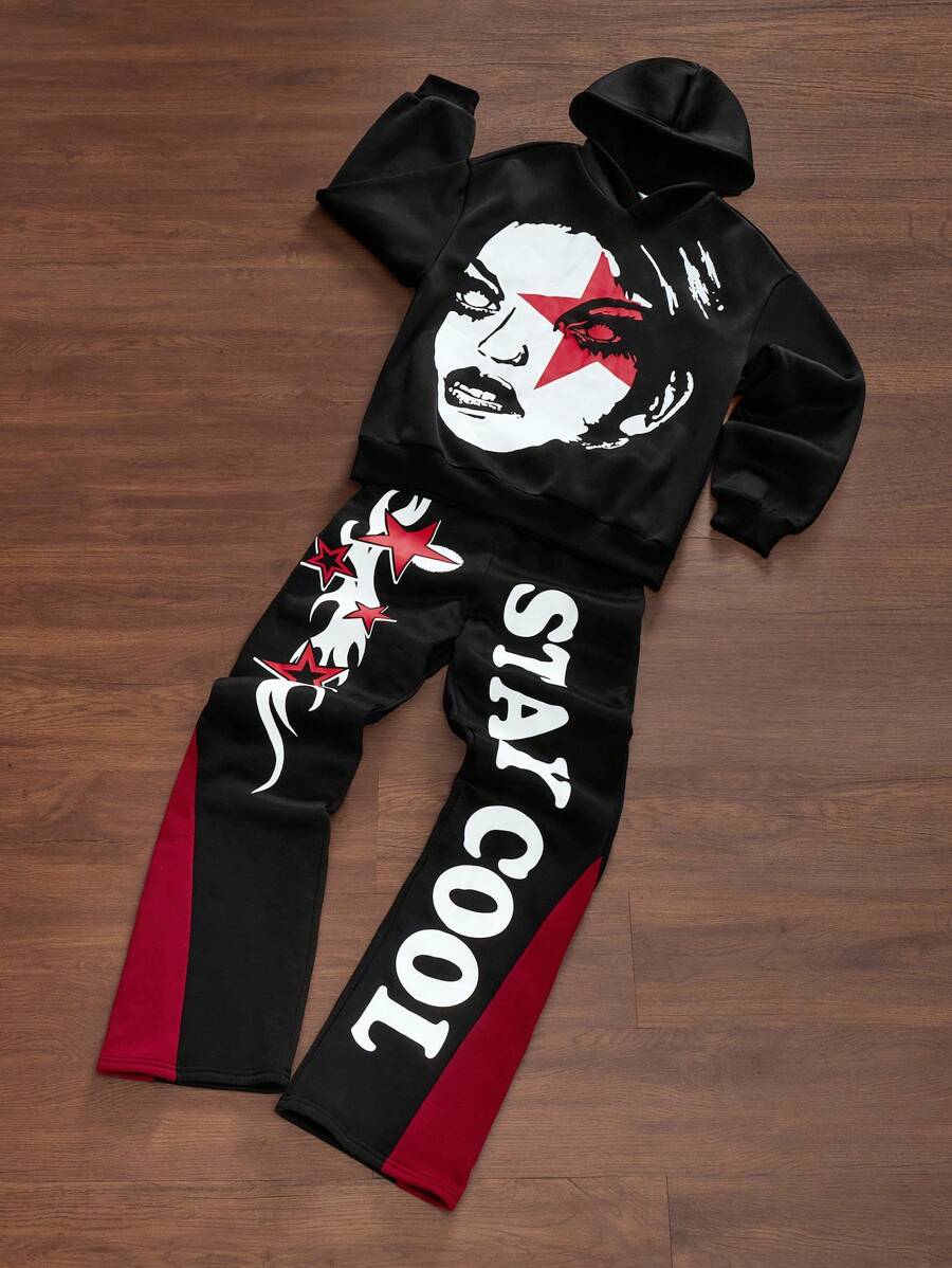 SHEIN Leap Crew 2 件青少年男孩宽松休闲图案连帽衫和运动裤套装 - 黑色 - 查看 1