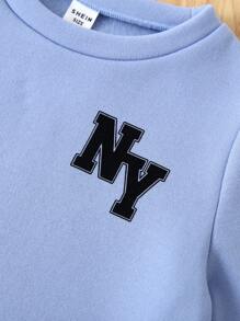 SHEIN Leap Crew 小男孩字母图案圆领长袖上衣和裤子两件套，简约设计 - 黑色 - 查看 7