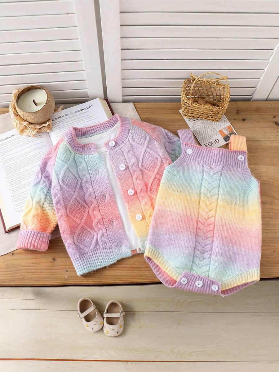 Baby Girls Thick Gradient Color Sweater Co-Ord Sets, Adorable & Elegant Soft Fuzzy Mohair Knitted Pullover Suit For Autumn/Winter Outings, Home, Party Occasions - Multicolor - View 1