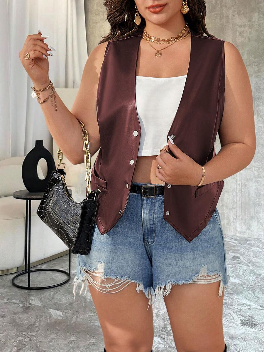 Flirla Plus Size Solid Color Front Button Sleeveless Pocket Minimalist Casual Top, Daily Wear - Burgundy - View 1