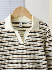 SHEIN Tween 女童 V 领长袖条纹打底 T 恤，秋冬款 - 彩色 - 查看 3