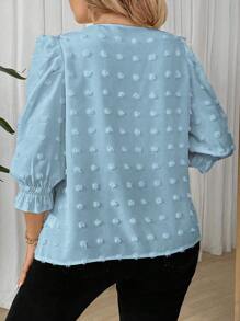 Calvaya 大码圆领中长袖瑞士圆点休闲衬衫 - 淺藍色 - 查看 2