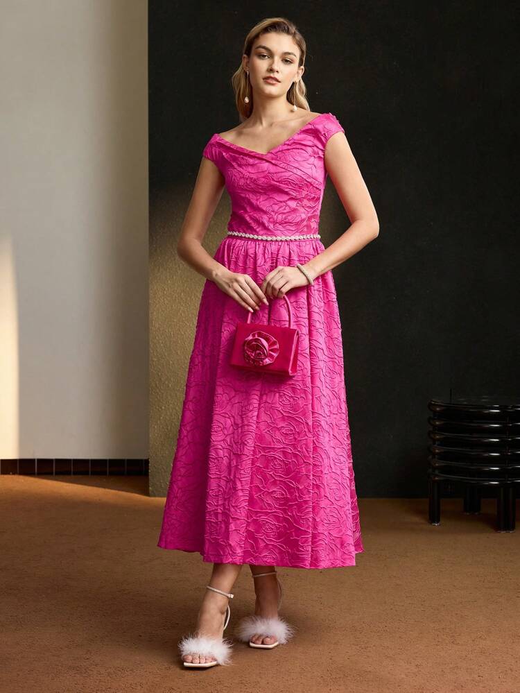 SOLID JACQUARD SWEETHEART NECK FLARE HEM COCKTAIL DRESS WITHOUT BELT