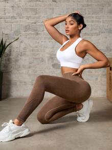 Easithlete 女士纯色高腰简约修身打底裤，适合日常穿着的休闲瑜伽裤 - 咖啡棕 - 查看 5