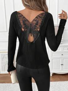 SHEIN LUNE Camiseta de manga larga de mujer con cuello redondo, de unicolor, con inserciones de malla y espalda descubierta - Negro - Ver 2