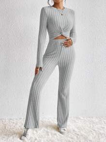 SHEIN Frenchy 2pcs/Set Women Solid Color Twist Round Neck Long Sleeve Top And Pants Casual Outfit