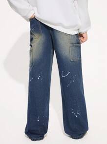 Jeans de pierna recta y acampanada, de estilo suelto y versátil, en estilo casual "Y2K" para niños preadolescentes, apropiados para uso diario y ropa de calle al aire libre - Azul lavado oscuro - Ver 2