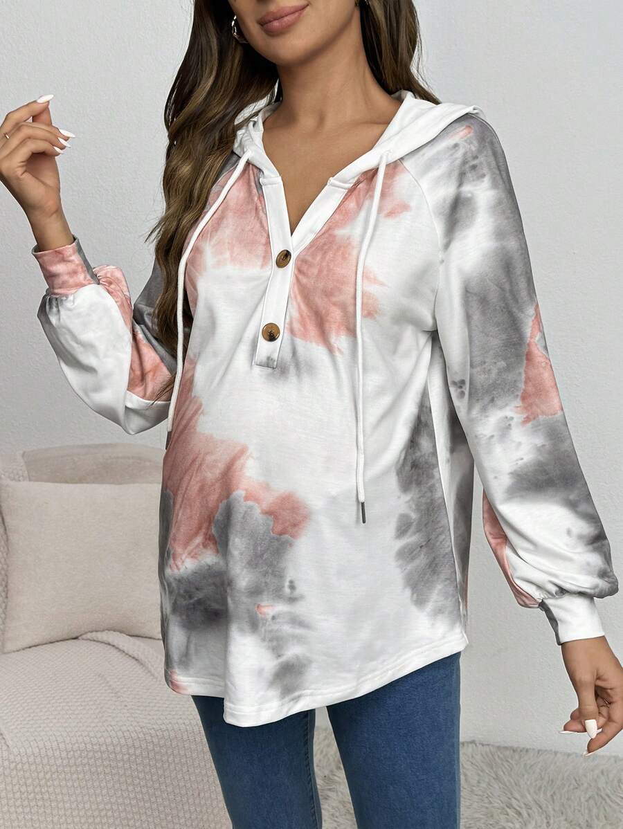 SHEIN Maternity Buttoned Half Placket Drawstring Hoodie With Ribbed Details And Raglan Sleeves, Women Sweatshirt For Autumn, For Winter - Multicolor - View 1