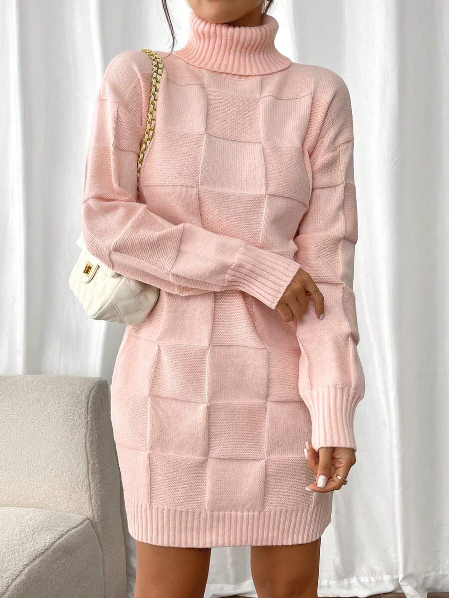 Chiquease 高领块状图案女式长袖休闲毛衣连衣裙 - 粉色 - 查看 1