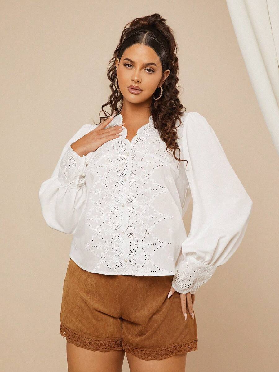 SHEIN VCAY Plus Size Women Casual French Style Solid Color Embroidered Lantern Sleeve Loose Blouse Shirt - White - View 1