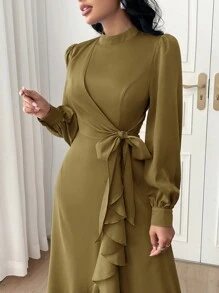 Modelyn Lantern Sleeve Ruffle Trim Knot Side Wrap Dress For Summer Long Evening Dresses - Army Green - View 1