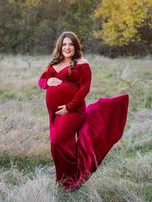 优雅丝绒V领长袖修身孕妇连衣裙，适合参加迎婴派对和拍照活动 - 酒紅色 - 查看 5