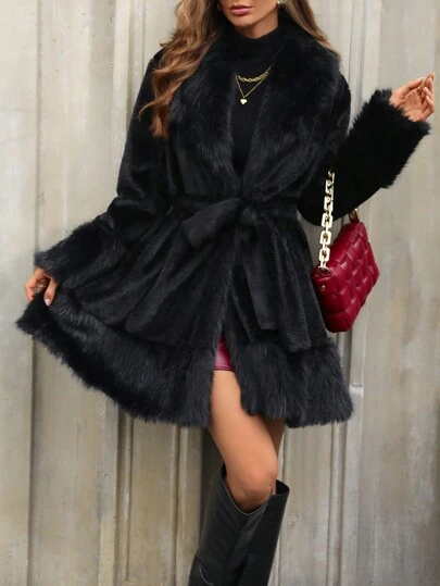 SHEIN Clasi Women's Winter Solid Color Fuzzy Patchwork Shawl Collar Long Sleeve Bow Waist Elegant Jacket