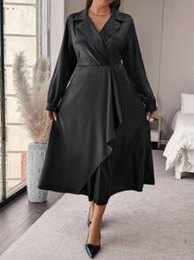 SHEIN Unity Plus Size Solid Color Long Sleeve Lapel Neck Minimalist Casual Long Dress - Black - View 5