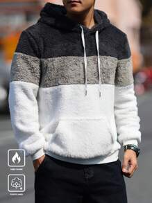 Manfinity Homme 男士休闲柔软毛绒拼色连帽衫，秋冬款 - 彩色 - 查看 1