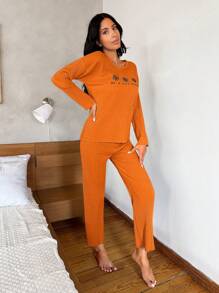 RueChic Floral And Slogan Graphic Ribbed Knit Tee & Pants Lounge Set - Orange - View 4