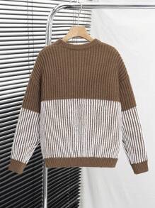 SHEIN Tween Boys' Textured Color Block Knitted Sweater, Suitable For Autumn/Winter Wear, Great For Casual Or School