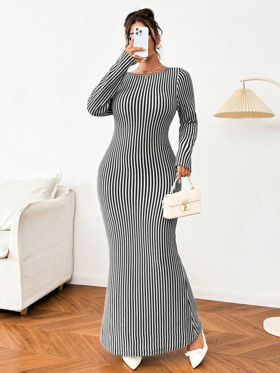 SHEIN Frenchy Plus Size Women's YearRound Black & White Blended CrochetLike Fabric Long Sleeve