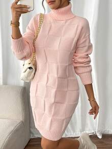 Chiquease 高领块状图案女式长袖休闲毛衣连衣裙 - 粉色 - 查看 5