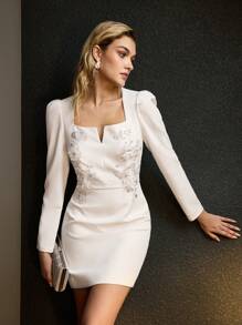 MOTF PREMIUM CONTRAST SEQUIN FLORAL PATTERN NOTCH NECK PUFF SLEEVE SHORT DRESS