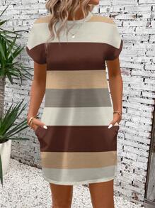 EMERY ROSE Casual Striped Pattern Round Neck Short Sleeve Women Dress, Spring/Summer Suitable For Going Out Chic Dress