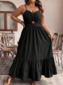 SHEIN LUNE Vestido largo de verano talla grande para mujer con abertura, tirantes finos, volantes y pliegues casuales