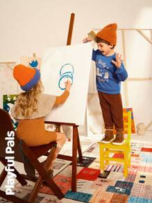 SHEIN Set de 2 piezas para niños pequeños - Suéter de cuello redondo de manga larga con estampado de dibujos animados lindo/vintage/casual/de vuelta a la escuela y pantalones, adecuado para la escuela y exteriores, primavera/otoño/invierno