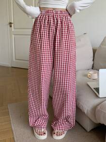 DAZY Pantalones de pijama rectos y holgados de estilo minimalista a cuadros