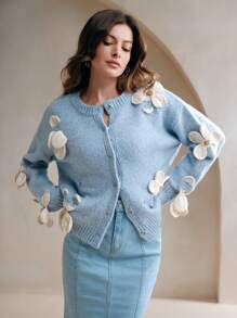 Anewsta Handmade Crochet 3D Flower Decor Cardigan - Blue - View 5