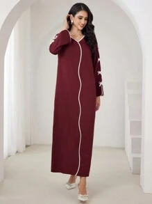 Yasmyna 女士优雅浪漫蝴蝶结撞色条纹派对连衣裙，休闲 A 字型阿拉伯朴素酒红色长袖连衣裙，适合日常休闲 - 酒紅色 - 查看 8