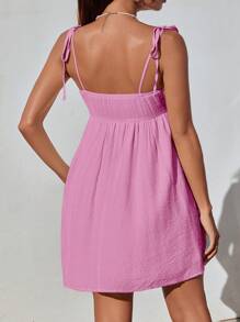 SHEIN EZwear 女士纯色细肩带系带褶皱下摆简约短款休闲连衣裙 - 粉色 - 查看 2