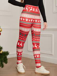 Teen Girl Christmas Element Printed Leggings, Versatile Inner/Outer Wear, Holiday Style, Christmas Party Leggings - Multicolor - View 4