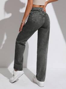 SHEIN PETITE 女士直筒宽松休闲口袋牛仔裤 - 深灰色 - 查看 2