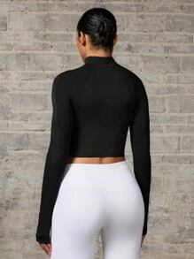 Seamless Thumb Hole Zip Up Long Sleeve Active Jacket - Black - View 2