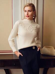 MOTF PREMIUM 羊毛纯色立领纹理针织毛衣 - 杏色 - 查看 8